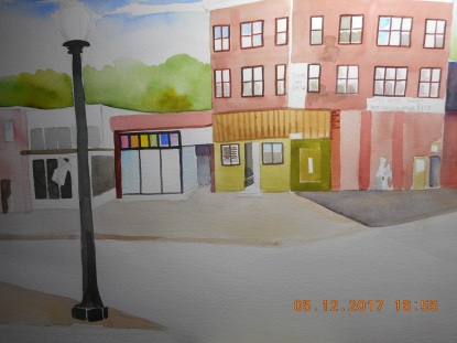 W.I.P. ( that I probablu will abandon as a W.I.P. :)) I was attracted to the window colors and the painted signs on the brick building...